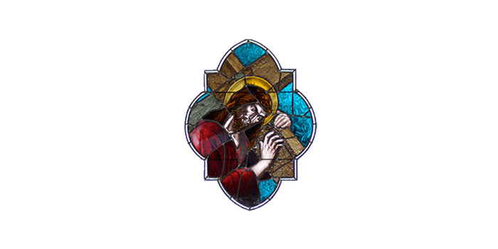 Bleiglasfenster aus der Kirche Finow, Jesus trägt das Kreuz